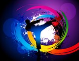 Dynamic martial arts silhouette with vibrant splash art background