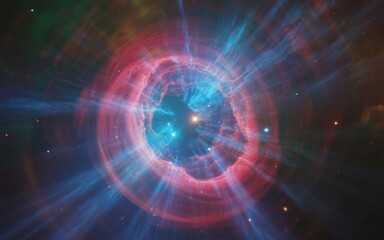 Wall Mural - a vibrant, swirling nebula displays a central star-like core enveloped by expanding rings of luminou