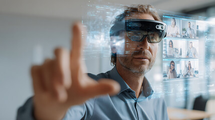 Man using augmented reality glasses to interact with virtual interface