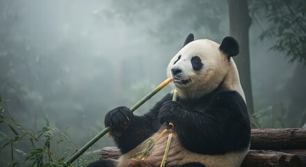 a giant panda is eating bamboo shoots in a misty forest, looking directly at the viewer