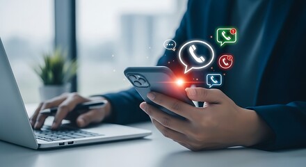 Person using smartphone with incoming call and message notifications on holographic display