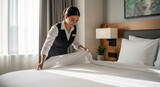 Hotel maid making bed in modern hotel room