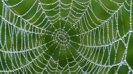 Close-up of a beautiful spiderweb covered in glistening morning dew drops against a vibrant green natural background showcasing intricate details and delicate w