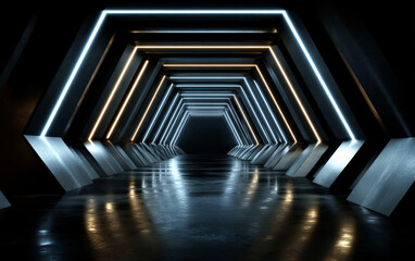Futuristic tunnel with glowing hexagonal lights and reflective floor