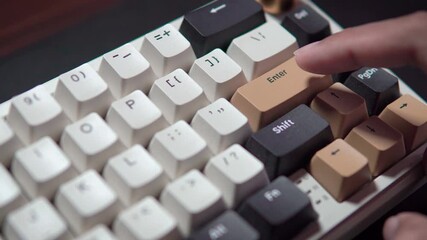 Close-up finger pressing Enter key on a modern mechanical keyboard with unique keycap design.