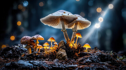 Wall Mural - Magical nighttime scene in dark forest illuminated by glowing mushrooms, creating enchanting atmosphere filled with wonder