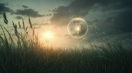 Wall Mural - Mysterious glowing orb hovers over grassy meadow, illuminated by warm sunlight and surrounded by serene atmosphere