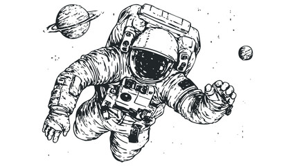 Wall Mural - Astronaut floating in space with planets on transparent background. Vector hand drawn illustration
