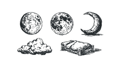 Wall Mural - Hand drawn crescent moon, full moon, and clouds on transparent background. Vector hand drawn illustration
