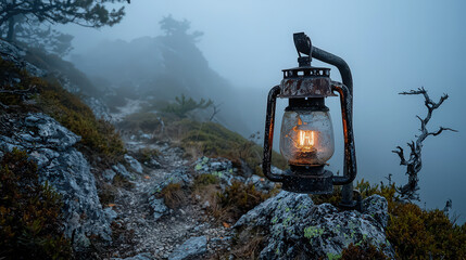 Wall Mural - Weathered lamp illuminates foggy mountaintop, casting warm glow amidst misty landscape, evoking sense of adventure and tranquility