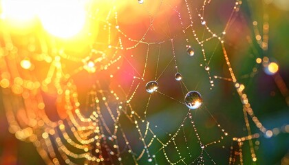 macro shot of dew drops on a spiderweb at sunrise, 