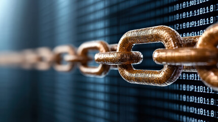Close up of metallic chain against digital background with binary code, symbolizing blockchain