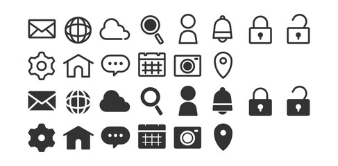 System UI Icon Set Featuring Communication, Security, Navigation, and Utility Symbols in Light and Dark Vector Styles
通信・セキュリティ・ナビゲーション・機能系のシンボルを収録したライト＆ダークテーマ対応のシステムUIアイコンセット