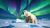 Majestic polar bear stands amidst a breathtaking aurora borealis display over a pristine arctic landscape.