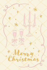 Wall Mural - Vintage hand drawn christmas greeting card design template with candlestick and champagne glasses.