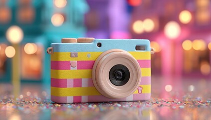 Pastel camera with checkered pattern in a city bokeh