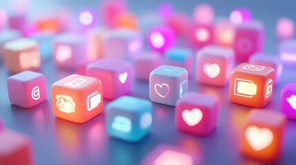 Colorful social media icons on cubes; vibrant digital display