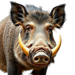 close up portrait of a wild boar with large tusks against a black background looking at the viewer