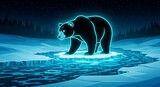 Stylized Arctic Bear on Drifting Ice, Neon Outline in Winter Landscape