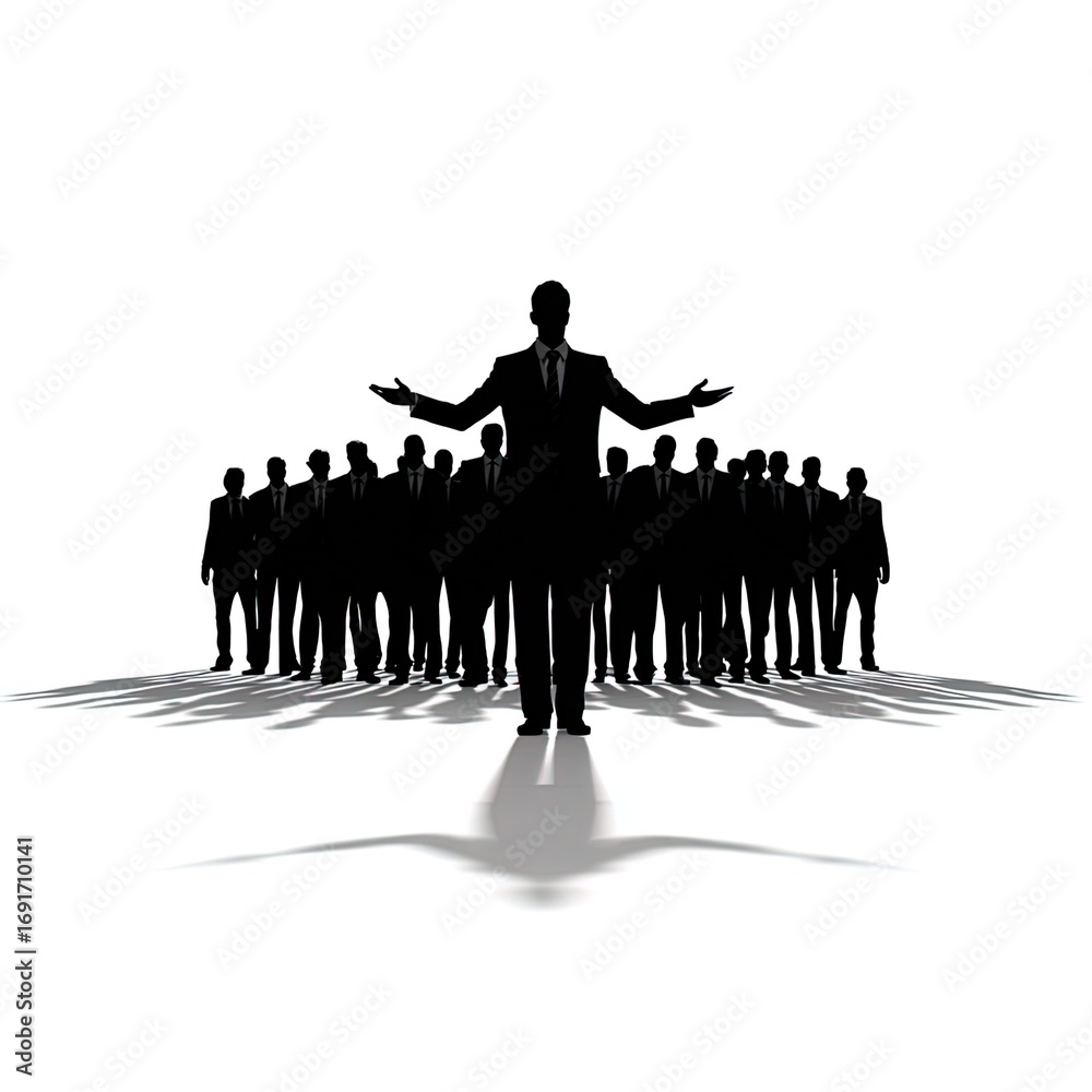 Leader High View Leader standing in front of team with open arms, silhouette, white ...