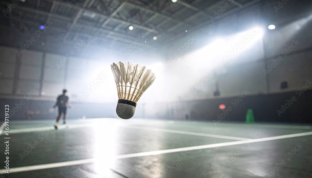 Flying Badminton Racket Badminton racket is flying through the air. The racket is white and ...