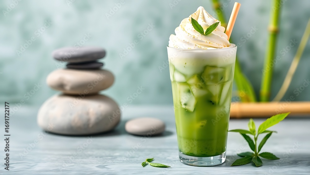 Iced green tea float with matcha ice cream topping, zen stone and ...