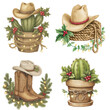 © weerasak - Cowboy hat cactus holly rope lights rustic festive Christmas pot boot with hat decorate with holly and lights, playful country holiday cheer