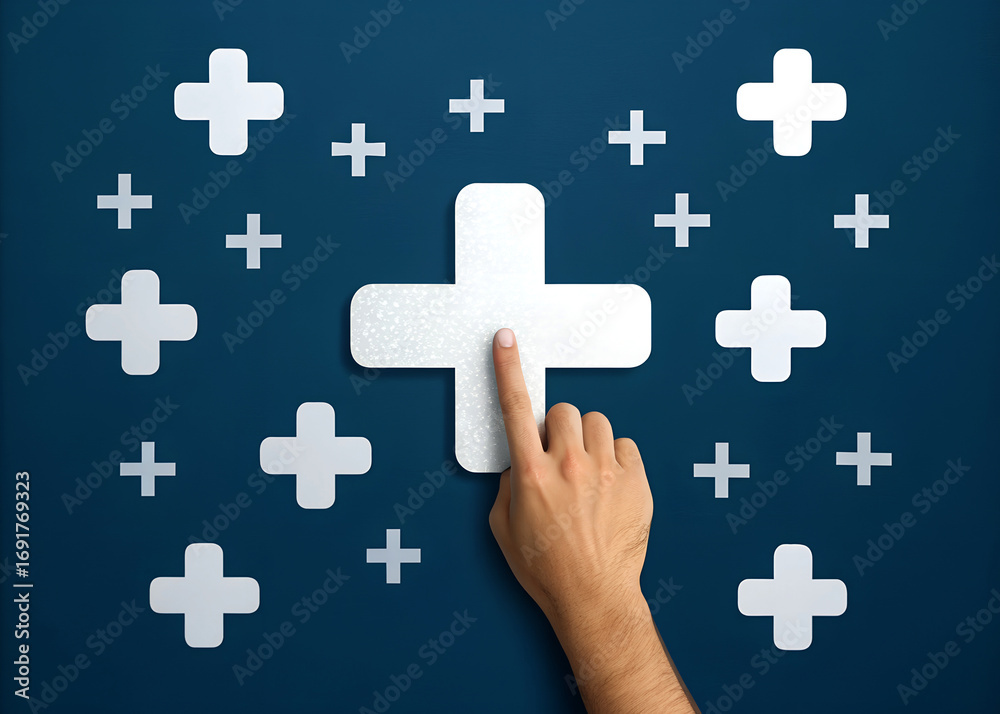 Plus Sign Shadowing Hand pointing at large white plus sign; positive, growth, and addition ...