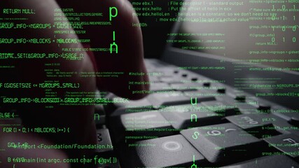 Creative visual of computer programming coding and software development shown by man working on computer keyboard with overlay of computer graphic displaying abstract program codes and computer script