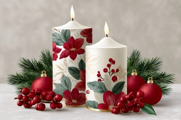 Wall Mural - christmas candles burning with festive decorations creating warm atmosphere