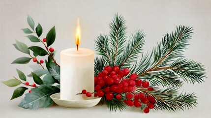 Wall Mural - christmas candle burning near pine branches and red berries watercolor painting