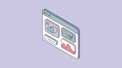 Isometric illustration of a user interface window with various data visualization elements displayed on it