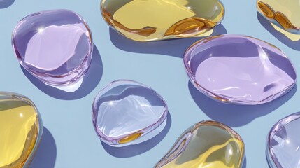 Colorful Glass Heart Shapes on Light Blue Surface Artistic Modern Decorative Objects