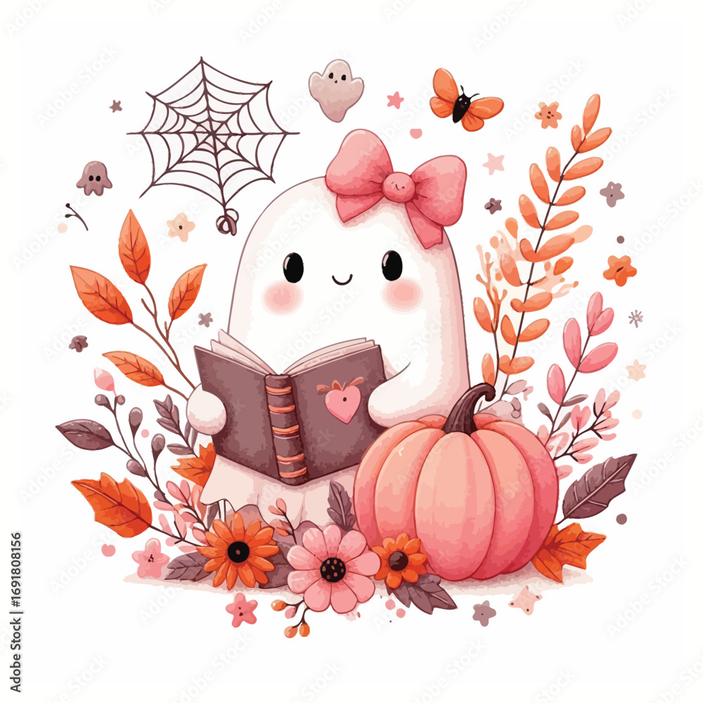 Cute ghost reading a book surrounded by autumn leaves and halloween ...