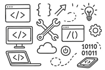Hand-drawn coding elements doodle set. Vector cartoon icons for web development, programming, app design. Technology symbols like computer, code, cloud, gear, and tools.