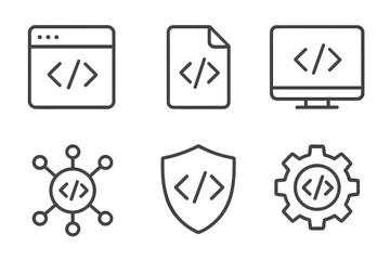 Minimalist coding and programming icon set in linear style, vector cartoon illustration with transparent background, web development symbols, software, technology, and digital coding concepts