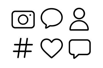 Social media icons set. Minimalist line art symbols for web and app design. Camera, speech bubble, user, hashtag, heart, and comment. UI UX elements. Like, follow, share concept.