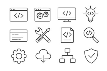 Programming and development line icon set. Software coding, web technology signs. Code, computer, cloud computing, data security, settings, search, bug fix vector icons for UI UX.