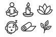 © Hannah - Yoga and meditation line icon set for wellness and relaxation. Minimalist vector icons for mindfulness, spa, health, and calm. Includes lotus, candle, and yoga mat.