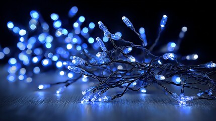 Wall Mural - blue string lights decoration on dark background — glowing fairy light bokeh and led garland, festiv