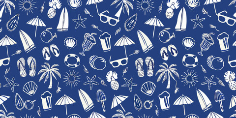 Whimsical white hand drawn summer vacation icons scattered on a deep blue background seamless pattern