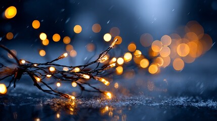 Wall Mural - elegant holiday garland with twinkling lights on grey background — soft bokeh glow, white shimmer an
