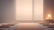 © Blur Interior  - Community shelter prayer room with empty mats, dawn pale glow, muted soft palette