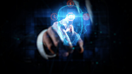Wall Mural - Digital Interface AI Technology with Hand Pointing at Futuristic Holographic Display