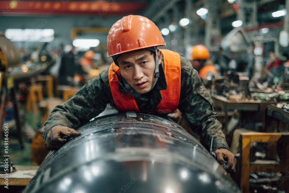 Asian factory worker making a bomb missile Stock Photo | Adobe Stock