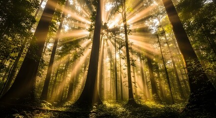  Golden Sunbeams Streaming Through Tall Trees in a Peaceful Misty Green Forest