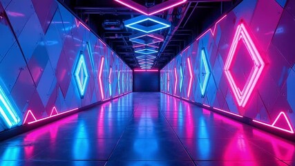 Wall Mural - Futuristic neon tunnel with vibrant colors and geometric patterns creates a mesmerizing visual effect perfect for dynamic video backgrounds