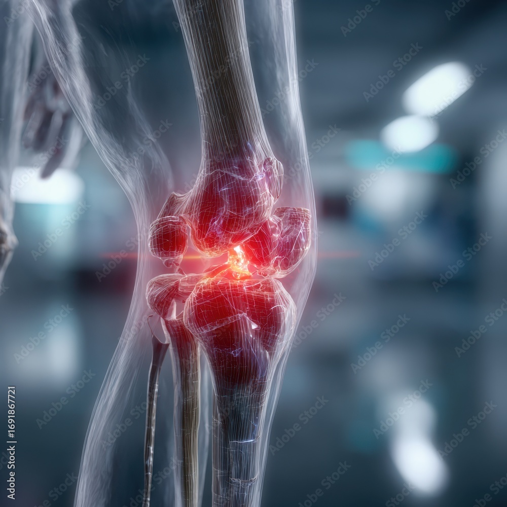 Human knee joint with red pain highlight medical anatomy concept ...