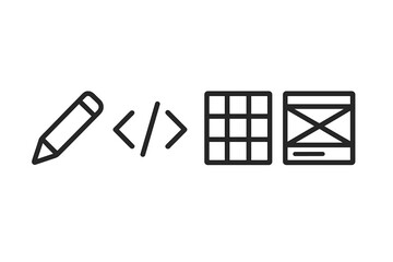 Minimalist web design icons set pencil code grid wireframe vector illustration transparent background ordered elements for UI UX and graphic design concepts