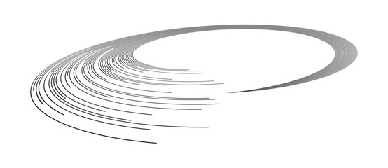 Wall Mural - Lines in circle abstract background. Dynamic transition illusion in spiral. Black shape on a white background. Perspective view.
